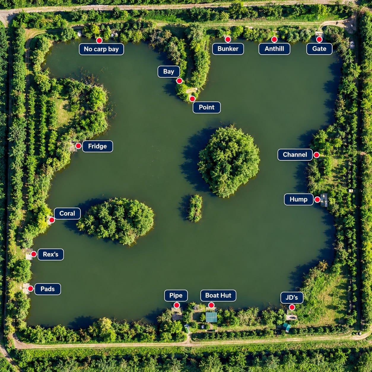 Annotated aerial layout of Lakewood showing named swims and fishing areas